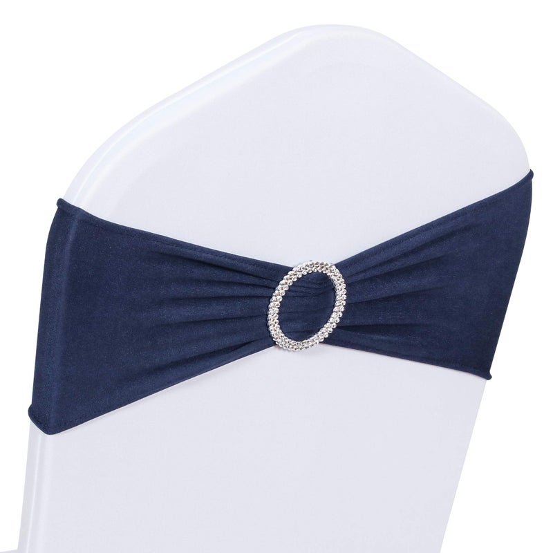 Obstal 50 PCS Spandex Stretch Chair Sashes Bows for Wedding Reception- Universal Elastic Chair Cover Bands with Buckle Slider for Banquet, Party, Hotel Event Decorations Navy Blue Sashes - Image 2